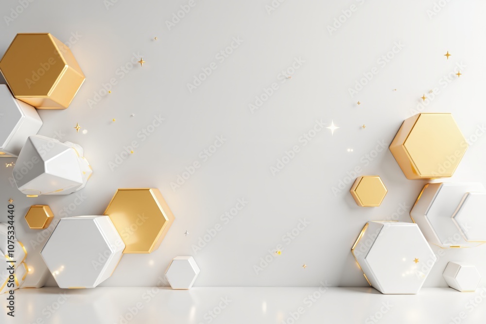Poster minimalistic gold and white hexagonal abstract background with sparkling elements