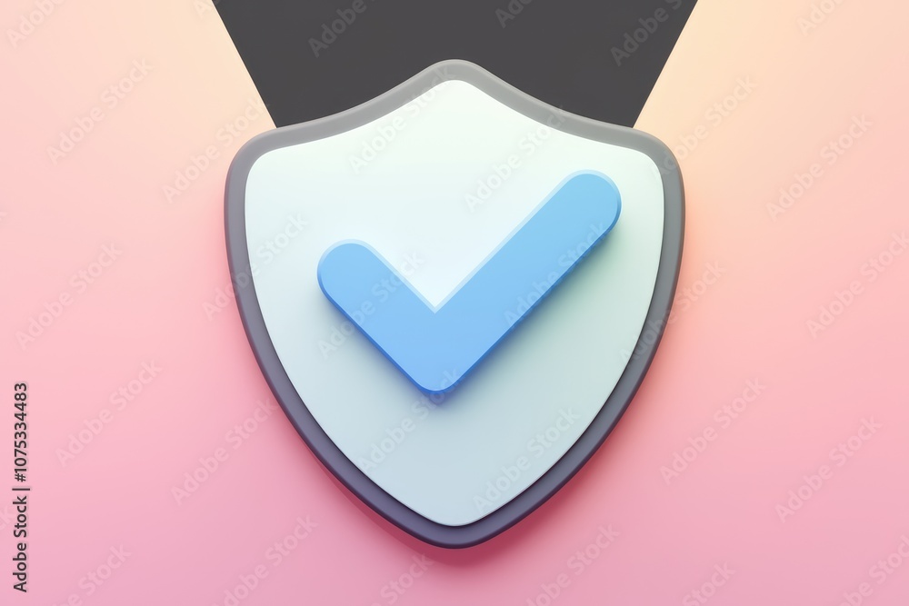 Poster A blue checkmark inside a shield on a pink background  symbolizing security and approval.
