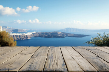 Fototapeta premium Empty wooden table in front of sea coast, blue sky, hills