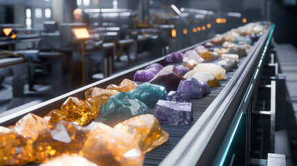 A diverse collection of minerals and rocks on high tech conveyor belt in a modern factory. Mineral processing facility