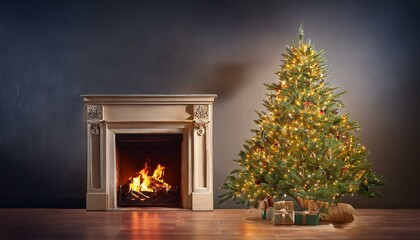 christmas tree in front of fireplace