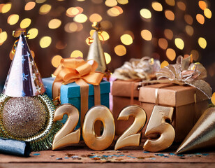 Celebration of New Year 2025 with festive decorations, gift boxes, and colorful party hats on a wooden table