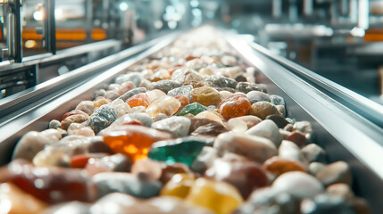 A diverse collection of minerals and rocks on high tech conveyor belt in a modern factory. Mineral processing facility