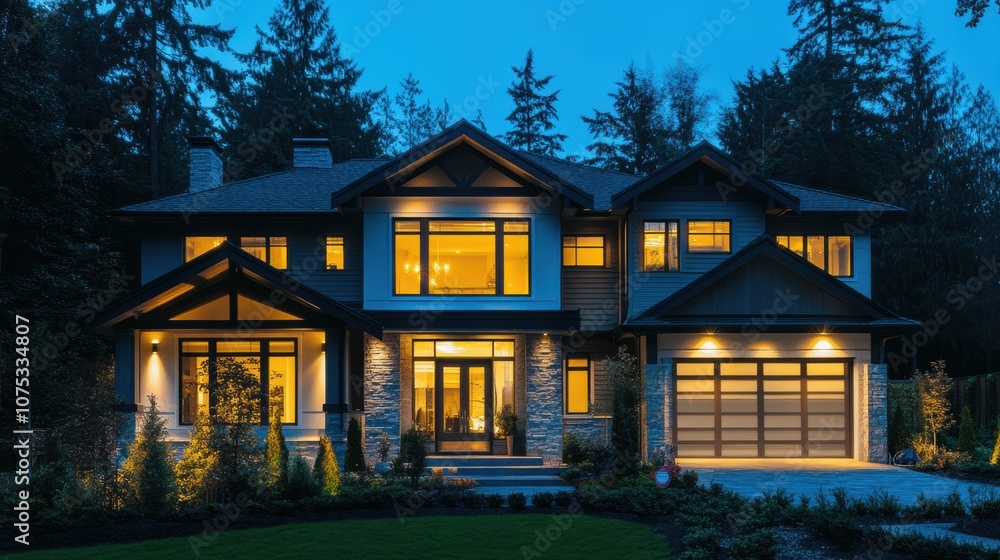 Aufkleber this contemporary house stands out at night, featuring illuminated windows and doors that signal an 