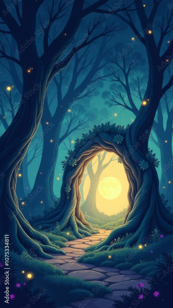 Poster a forest with a moon in the sky and a path leading through it