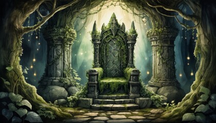 Obraz premium Ancient fairy tale throne covered in moss and surrounded by enchanted forest with magical light