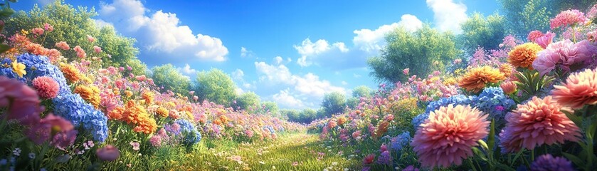Fototapeta premium A vibrant meadow filled with colorful flowers under a bright blue sky, creating a serene and picturesque natural landscape.