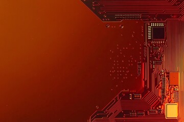 Abstract Red Circuit Board with Copper Traces and Microchip - Technology Background