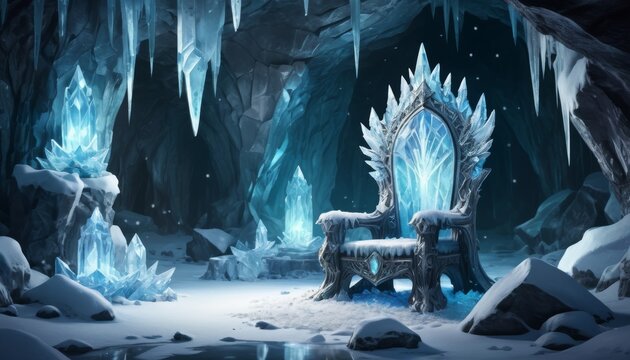 Frozen fairy tale throne made of ice crystals in a dark cave setting