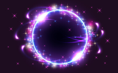 Glowing round frame on dark fantastic background. Abstract neon space portal into another dimension. Christmas holiday background.