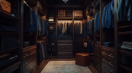 Obraz premium Masculine Modern Walk-in Closet with Dark Wood and Accessories. AI generated illustration