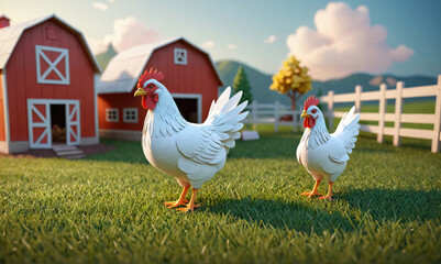 Fototapeta premium Two white chickens stand in front of a red barn on a sunny day