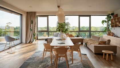 Fototapeta premium Stylish studio interior with relaxing and eating zone, panoramic window