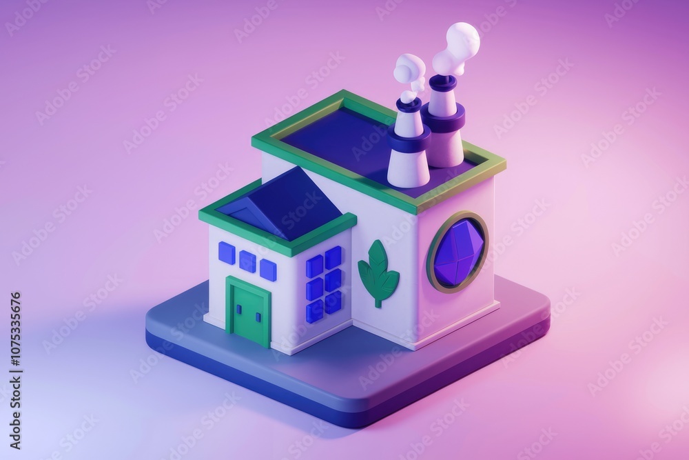 Poster A 3D rendering of a small factory with smoke stacks and a green leaf
