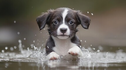 Playful mixed breed female puppy having fun and splashing in a pond