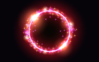 Abstract fantastic background with glowing round frame, sparkle stars and shiny space portal into another dimension