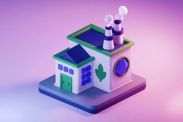 A 3D rendering of a small factory with smoke stacks and a green leaf