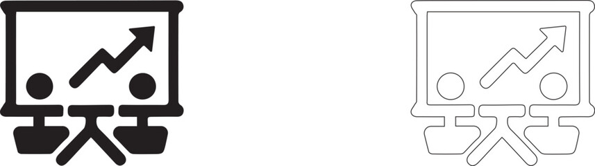 Business meeting with infographic data presentation on projector screen dashboard. Vector icon.