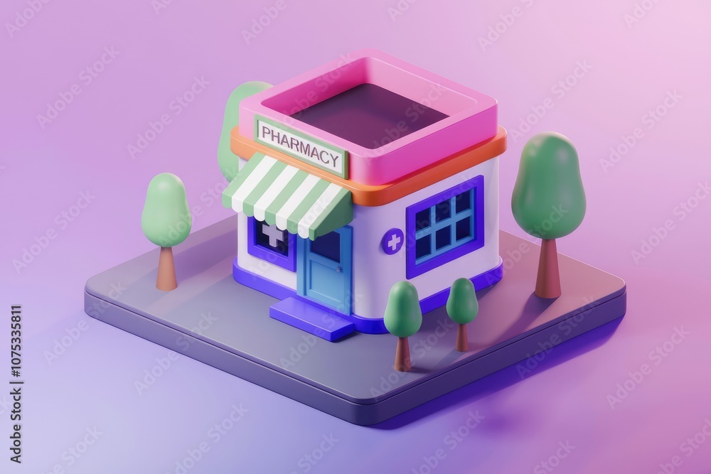 Poster a colorful 3d model of a pharmacy building with a green awning and trees.