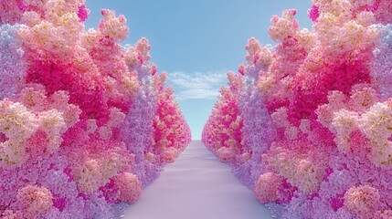 A vibrant pathway flanked by lush pink and white flowers under a clear blue sky, creating a serene and enchanting landscape.