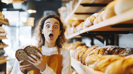surprised woman in a bakery reacts to the price of bread, surrounded by fresh loaves on the shelves, highlighting shopping and everyday life moments.