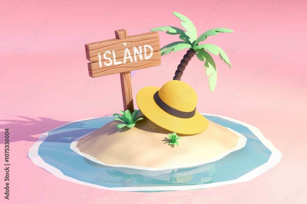 Poster a 3d rendering of a small island with a palm tree a hat and a sign.