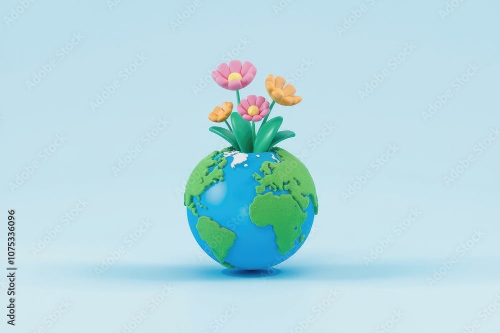 Poster a 3d model of earth with flowers growing out of it representing nature and growth.