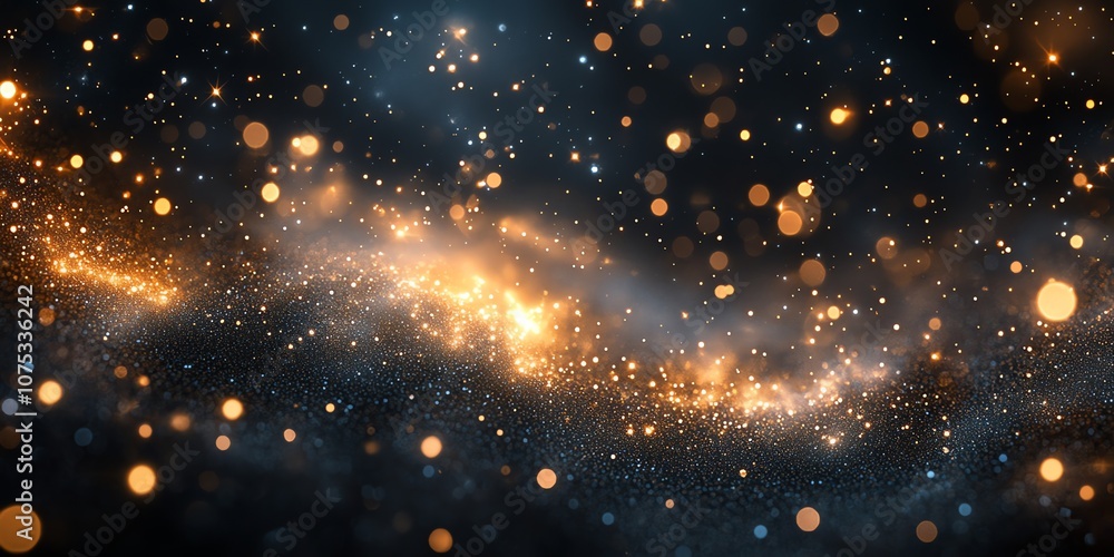 Poster Abstract dark background with glowing lights, blurred bokeh and sparkles.