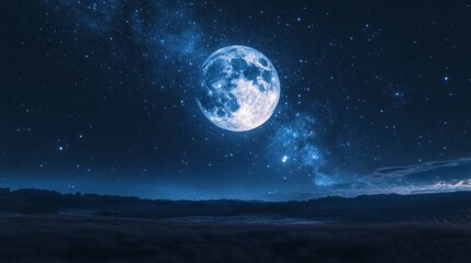 Fototapeta premium A starry sky with the full moon as the centerpiece, radiating a luminous glow across the landscape.
