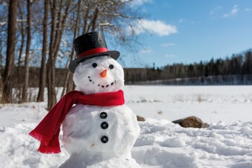 Fototapeta premium A cheerful snowman wearing a black top hat and red scarf stands in a snowy landscape.
