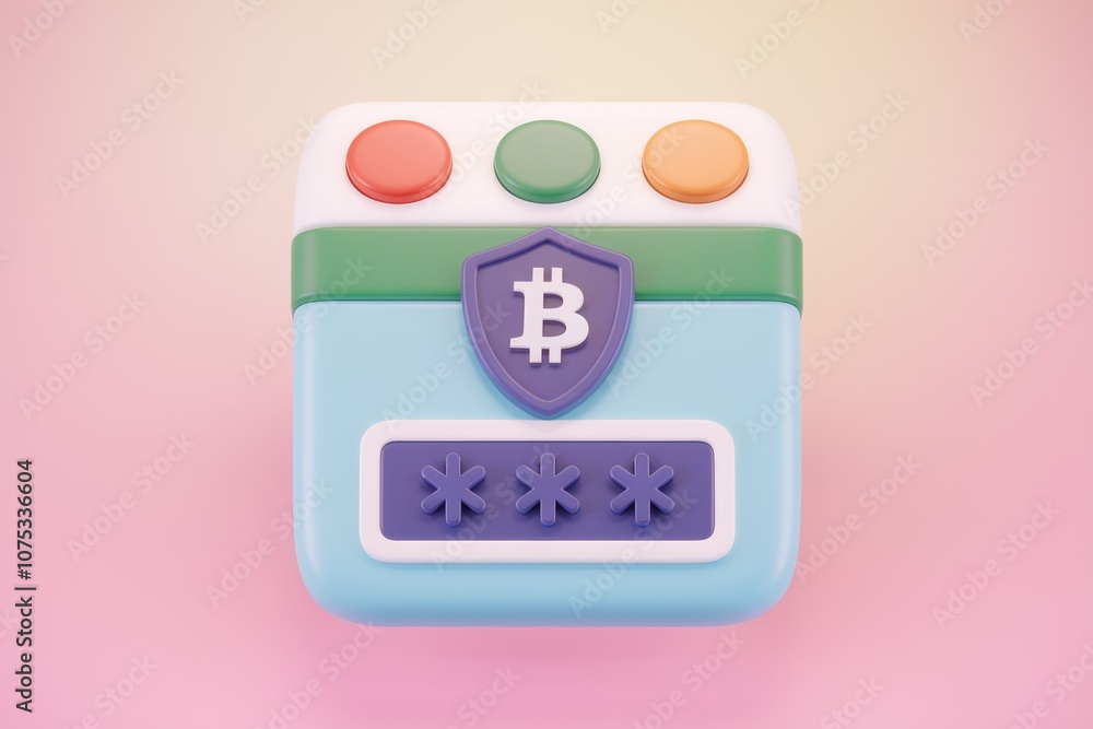 Poster a colorful 3d icon depicting a bitcoin wallet with password protection.