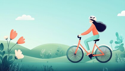 Fototapeta premium Whimsical hand-drawn illustration of a person enjoying a scenic bicycle ride in nature's embrace