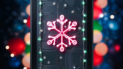 A mesmerizing bokeh effect photography captures a vertical winter holiday party scene with a contemporary twist, where a vibrant neon Christmas snowflake design dominates the frame, gleaming against a