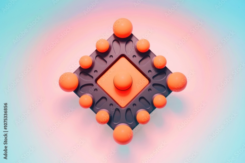Aufkleber Abstract geometric design with orange spheres surrounding a black square with an intricate pattern