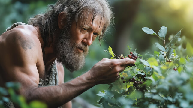 A rugged man with a long beard forages for wild berries in a forest, emphasizing survival, nature, and self-sufficiency in a wilderness setting. - Powered by Adobe