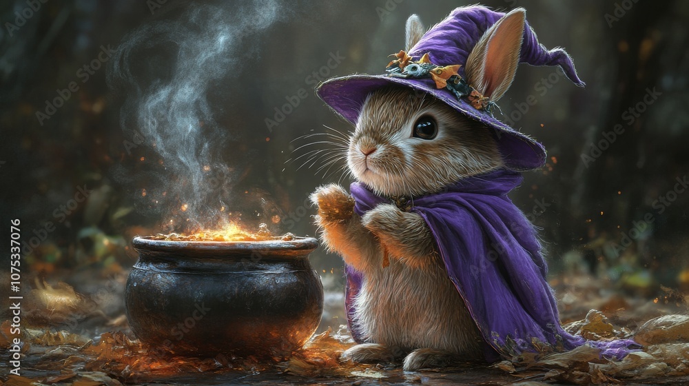 Poster a rabbit witch conjuring a potion in a forest