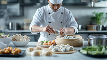 A chef prepares steamed dumplings in a bamboo steamer, highlighting the art of traditional Asian cuisine and fresh ingredients in a professional kitchen setting.