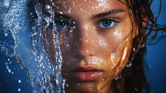A striking portrait of a woman with piercing blue eyes, her face partially covered in water droplets, capturing the essence of freshness, beauty, and intensity.