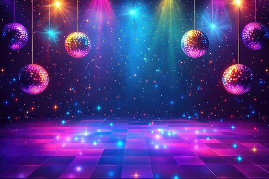 Colorful disco balls hanging over illuminated dance floor creating festive atmosphere