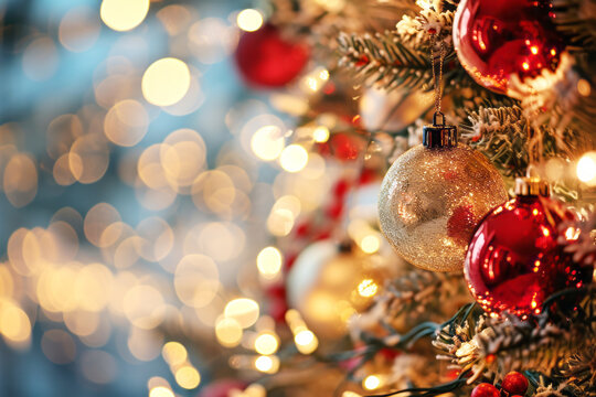 Christmas decor of new yar branch tree with red balls over blurred blurred festive background. Holiday new Year celebration concept	
