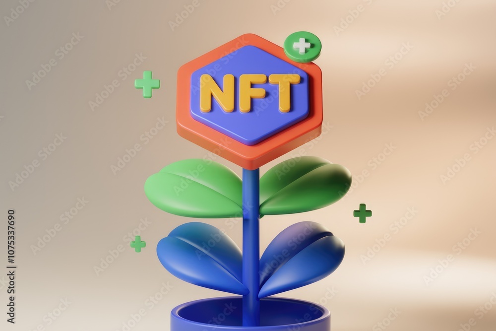 Poster 3d rendering of a flower with nft written on top.