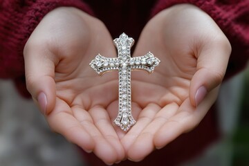 Woman holding jeweled cross in open palms: symbol of faith and spirituality
