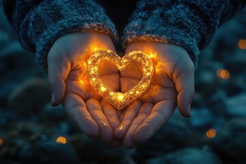 Woman holding a glowing heart in her hands, showing love and compassion © Gatherina