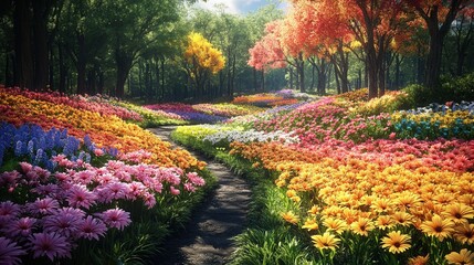 A vibrant, colorful flower garden showcasing a stunning array of blossoms in full bloom, set against a serene natural backdrop.