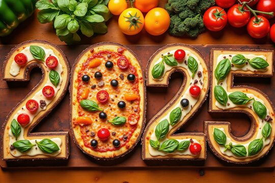 2025 pizza art with fresh vegetables and herbs: creative culinary display