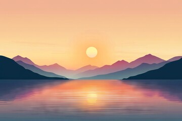 Naklejka premium Serene sunset over the sea with mountains, a minimalist flat vector illustration. AI generated illustration