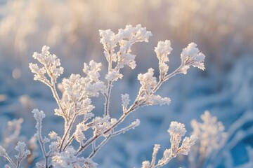 Obraz premium Frozen flowers glowing in winter sunrise light