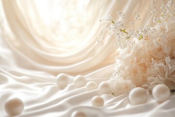 Fototapeta premium Delicate white flowers and pearls resting on luxurious satin fabric