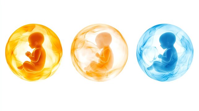 Three glowing silhouettes of embryos in colorful orbs, depicting the stages of fetal development and the miracle of life. on a white background