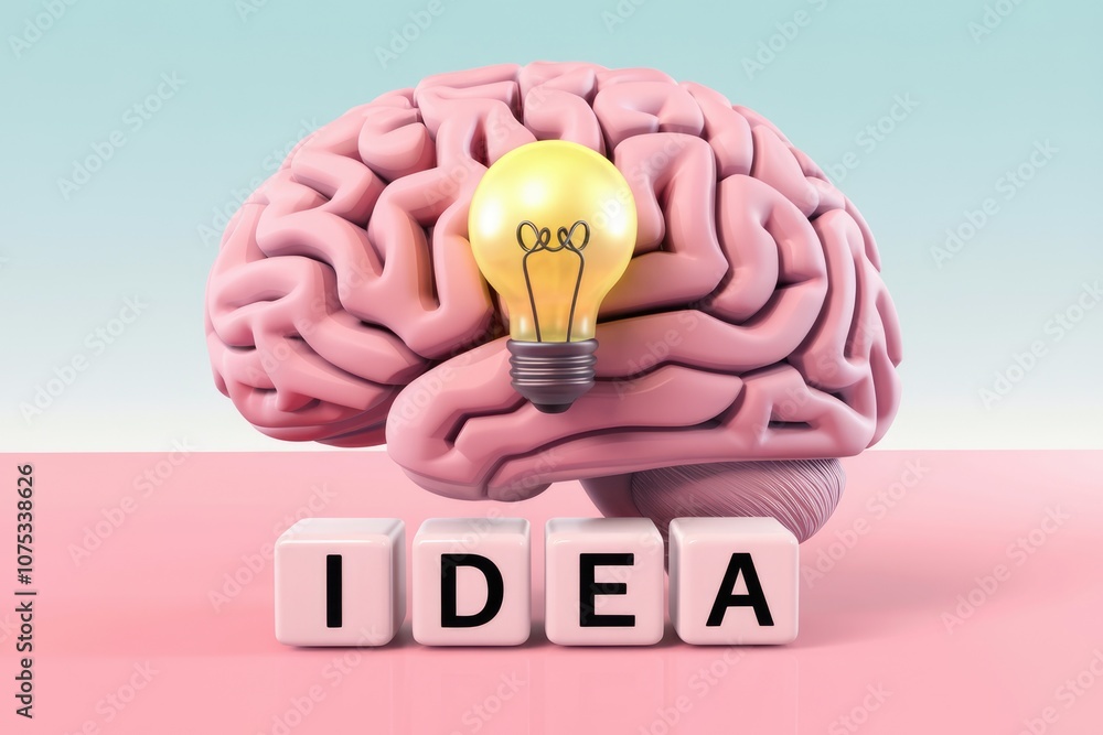 Fototapete a light bulb on a brain model with the word idea spelled out below.